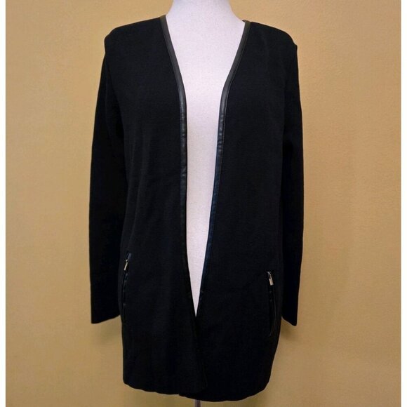Charter Club Cardigan Sweater M Black Cotton Open Front Non-Leather Trim Pockets - Picture 1 of 9